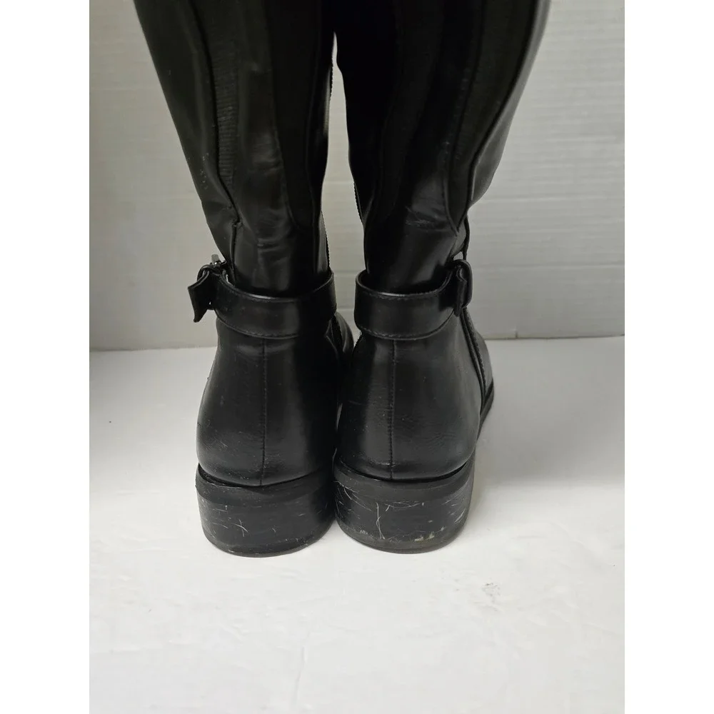 Black Knee High Riding Boots Wide Calf Elastic Gore Buckle Detail Size 9.5W